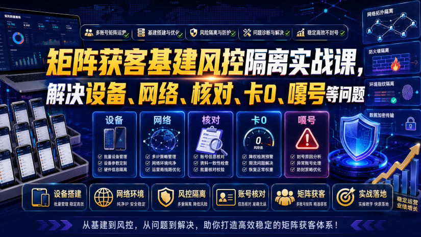矩阵获客基建风控隔离实战课，解决设备、网络、核对、卡0、嘎号等问题-小创项目网