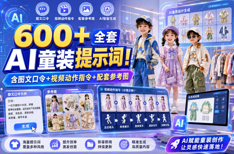 600+全套AI童装提示词！含图文口令+视频动作指令+配套参考图，Word-Excel规整分类，童装电商、种草无脑量产内容！-小创项目网