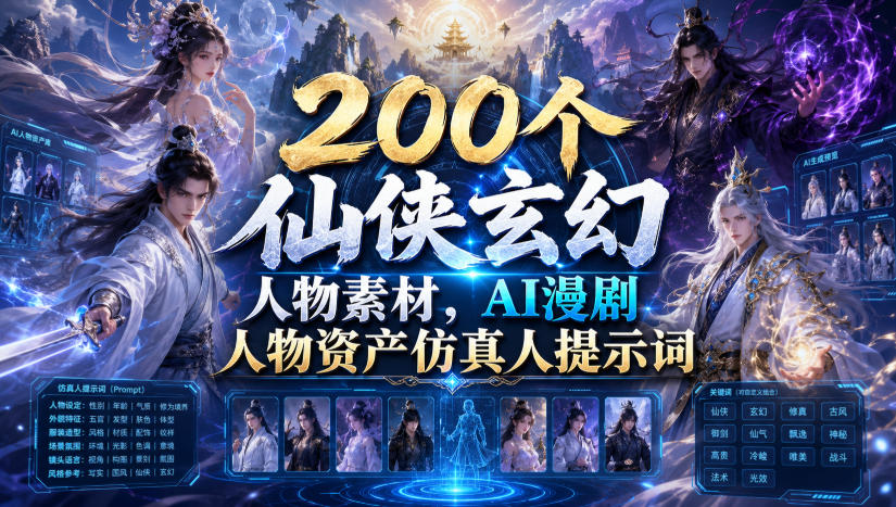 200个仙侠玄幻人物素材，AI漫剧人物资产仿真人提示词