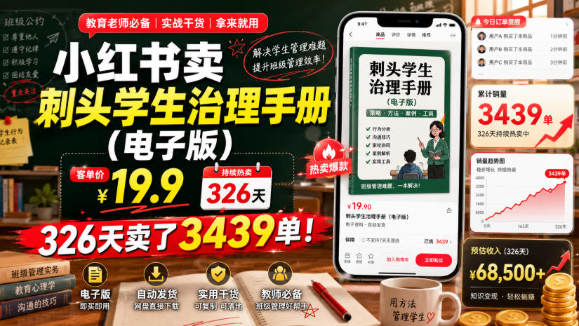 小红书卖刺头学生治理手册(电子版)，客单价19.9，326天卖了3439单！-小创项目网