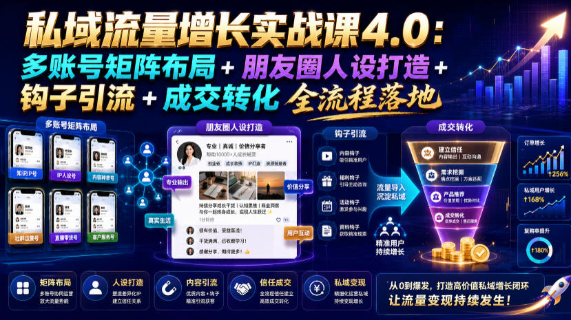 私域流量增长实战课4.0：多账号矩阵布局+朋友圈人设打造+钩子引流+成交转化全流程落地-小创项目网