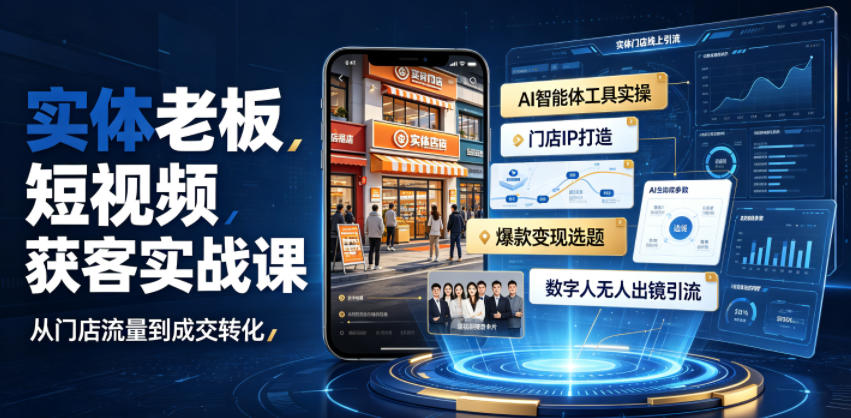 实体老板短视频获客实战课｜AI智能体工具全套实操、门店IP打造、爆款变现选题、数字人无人出镜引流完整教程-小创项目网