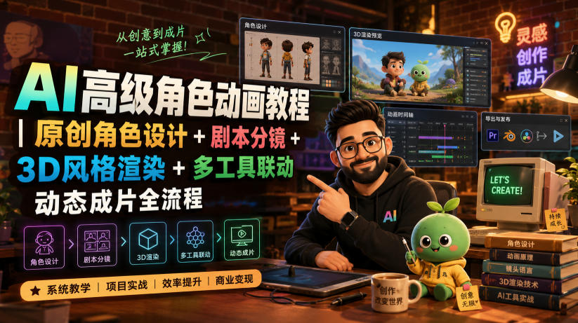 AI高级角色动画教程｜原创角色设计+剧本分镜+3D风格渲染+多工具联动动态成片全流程【中英字幕】