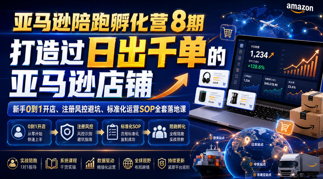 亚马逊陪跑孵化营8期，打造过日出千单的亚马逊店铺，新手0到1开店、注册风控避坑、标准化运营SOP全套落地课-小创项目网