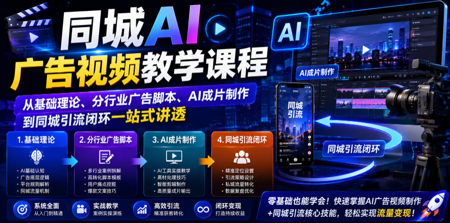 同城AI广告视频教学课程，从基础理论、分行业广告脚本、AI成片制作到同城引流闭环一站式讲透-小创项目网