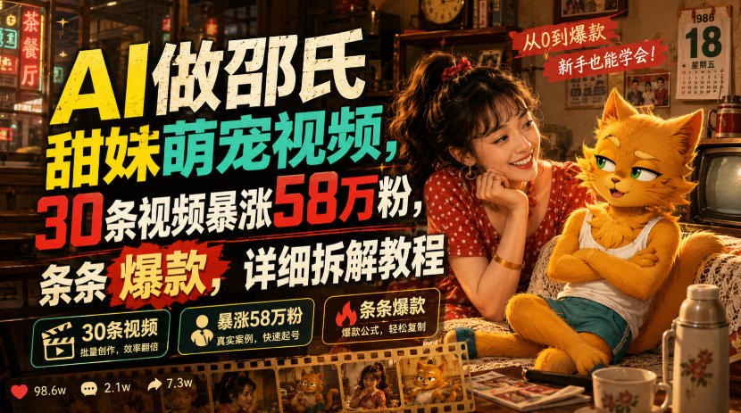 AI做邵氏甜妹萌宠视频，30条视频暴涨58万粉，条条爆款，详细拆解教程-小创项目网