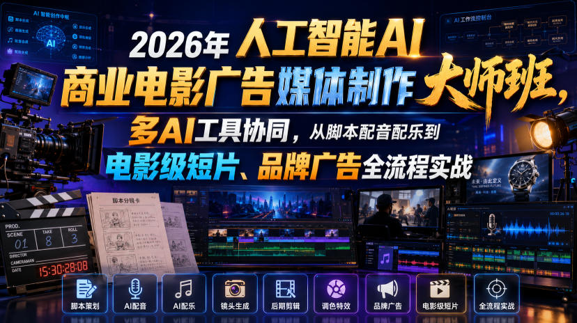 2026年人工智能AI商业电影广告媒体制作大师班，多AI工具协同，从脚本配音配乐到电影级短片、品牌广告全流程实战（中英字幕）