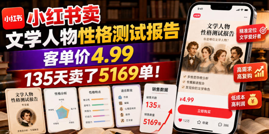 小红书卖文学人物性格测试报告，客单价4.99，135天卖了5169单！-小创项目网